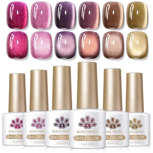 Vista 33 de Born Pretty - Esmalte de uñas de gel magnético 9D con purpurina reflectante, esmalte de gel holográfico de color gato magnético, juego de 7ml, 6
