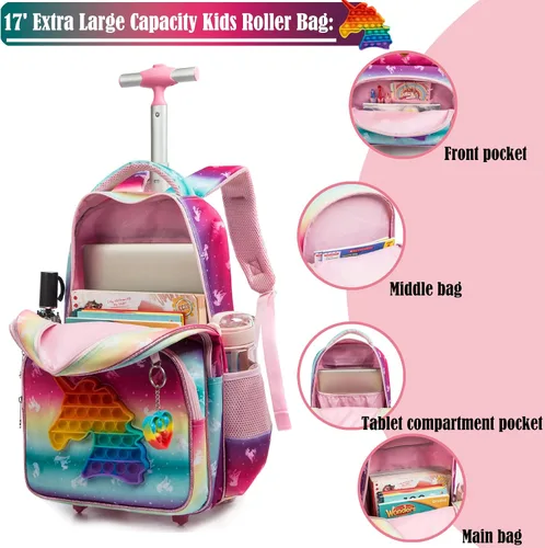 Vista 5 de Egchescebo Mochila con ruedas para niñas con ruedas para niños y niñas, mochila con ruedas