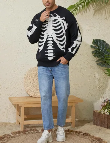 Vista 3 de Yimoon Suéteres de gran tamaño para hombre, con gráficos, casuales, de punto trenzado, lindo suéter unisex con cuello redondo retro para parejas