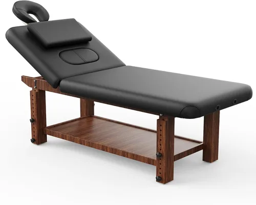 Vista 3 de Mesa de masaje estacionaria con marco de madera resistente con patas de altura ajustable, respaldo, para tratamiento, terapia física, cama de masaje