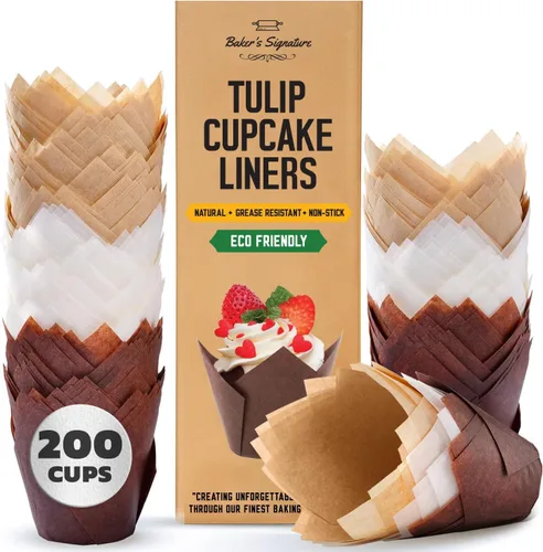 Vista 11 de Baker's Signature - Revestimientos para magdalenas de tulipán, forros para magdalenas para hornear – 200 piezas de papel pergamino para cupcakes