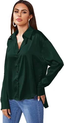 Vista 4 de MakeMeChic Blusa de manga larga de seda satinada para mujer, blusa casual con botones