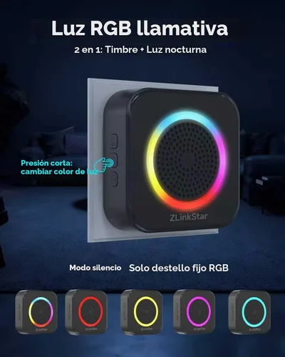 Vista 3 de Kit de timbre inalámbrico, timbre autoalimentado sin batería, rango de 600 pies, 63 campanas seleccionables, volumen ajustable con luz RGB, timbre