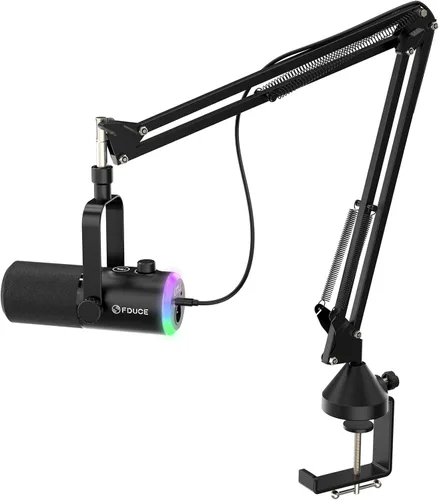 Vista 9 de FDUCE Juego de micrófono dinámico para juegos, micrófono de computadora USB/XLR para podcast con soporte de brazo extensible, luz RGB, botón
