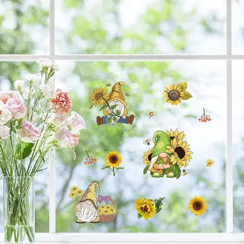 Vista 5 de CRASPIRE 8 hojas de 8 estilos de calcomanías de girasol para ventana, calcomanías de gnomo de primavera, calcomanías autoadhesivas para decoración