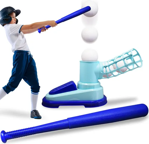 Vista 2 de ArtCreativity Máquina de lanzamiento de béisbol para niños, juguete de lanzar para niños con bate plegable + 3 pelotas de béisbol, entrenador