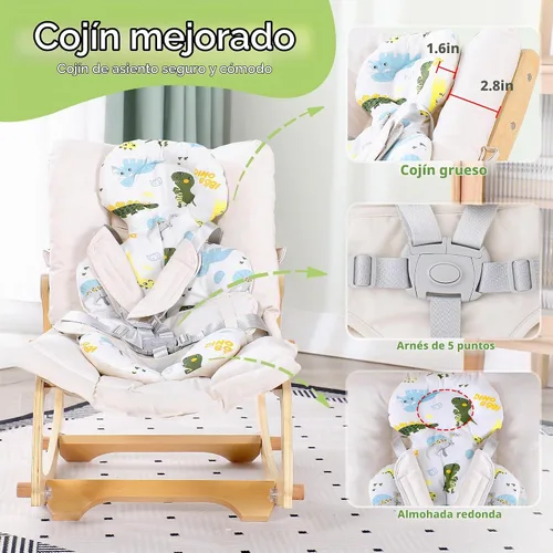 Vista 3 de MallBest Silla mecedora 3 en 1 para bebé con cojines dobles, para 0-12 meses, balancín de madera ajustable para bebés con cojín extraíble y arnés