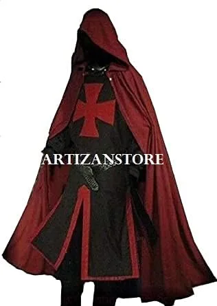 Vista 3 de ARTIZANSTORE Medieval Templar Knight Crusader Surcoat & Capa Recreación LARP Negro, Rojo