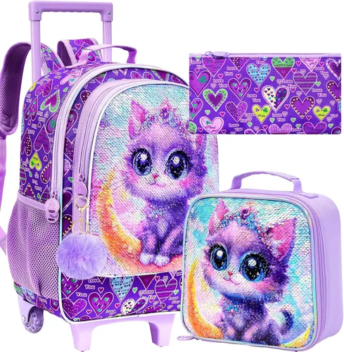 Vista 10 de Mochila rodante para niñas y niños, juego de 3 piezas con ruedas de diseño de unicornio o dinosaurio Dinosaurio astronauta.