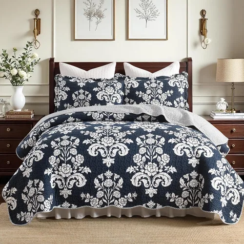 Vista 16 de Juego de edredón 100% algodón tamaño Queen de 3 piezas, edredón floral de damasco con 2 fundas, colcha acolchada floral vintage, ropa de cama ligera