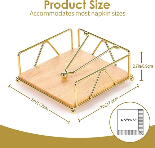 Vista 8 de Servilletero de metal, base de madera moderna, soporte de servilleta dorada para mesa con brazo de peso, para decoración de mesa de cocina, cóctel