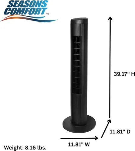 Vista 6 de Seasons Comfort Ventilador de torre oscilante de 40 pulgadas con control remoto y 3 ajustes de velocidad, oscilación de 55 grados, silencioso