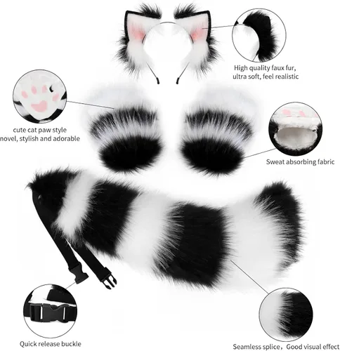 Vista 7 de Juego de orejas de gato de piel sintética y cola de zorro lobo, kit de guantes de garra para niños y adultos, para Halloween, anime, fiesta