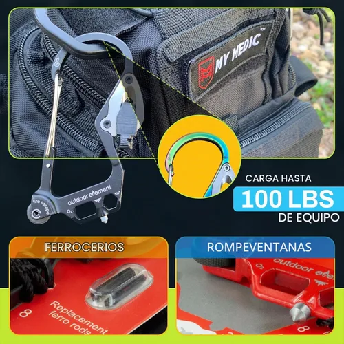 Vista 4 de OUTDOOR ELEMENT Herramienta de escape de emergencia, cortador de cinturón de seguridad, rompecristales, herramienta multiusos, encendedor, mosquetón