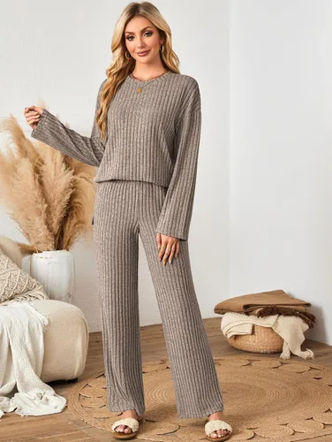 Vista 8 de Conjunto de 2 piezas para mujer, de gran tamaño, holgado, a juego, ropa de descanso de punto, ropa de dormir