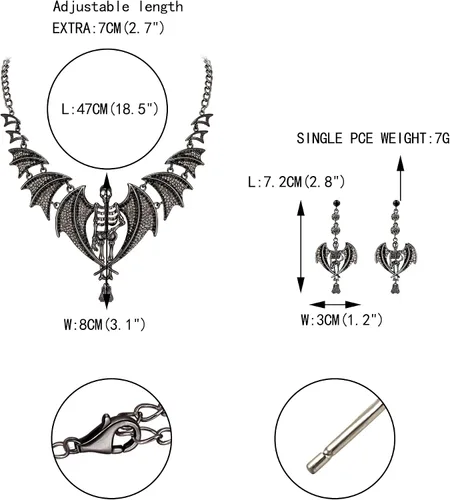Vista 5 de EVER FAITH Conjunto de pendientes de collar de murciélago de calavera de Halloween estilo gótico de cristal austriaco