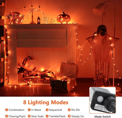 Vista 6 de Brizled Luces de Halloween para exteriores, 72 pies, 200 luces LED naranjas conectables para interiores, 8 modos de luces naranjas de Halloween