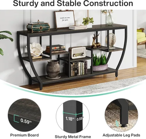 Vista 6 de Tribesigns Mesa de sofá de 70.9 pulgadas de largo con estantes, mesa consola rústica con almacenamiento, mesa de entrada industrial, soporte de TV