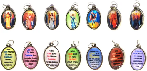 Vista 3 de Siete Arcángeles Miguel Jofiel Chamuel Gabriel Raphael Uriel zadkiell Medallas Ángeles Pack de 7 Ángeles semanal Protección Religiosa Regalo