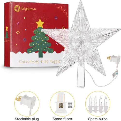 Vista 12 de Estrella iluminada para la punta del árbol de Navidad con 10 bombillas reemplazables integradas, estrella de cinco puntas transparente de 9.5