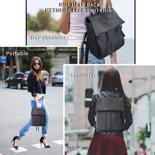 Vista 6 de Mochila para mujer, impermeable, antirrobo, ligera, de cuero PU y nailon, morral de viaje para mujer