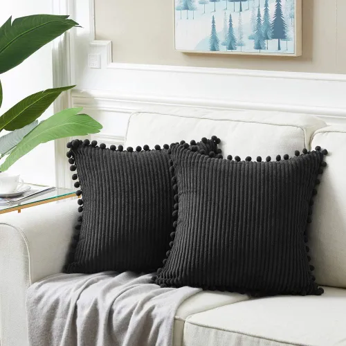 Vista 6 de Fancy Homi Juego de 2 fundas de almohada decorativas negras de 12 x 12 pulgadas con pompones para sofá y cama, decoración moderna de estilo bohemio