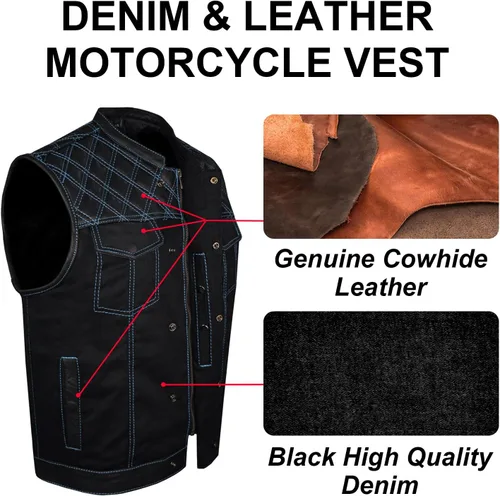 Vista 2 de GARGOYLE BELLS Chaleco de moto de mezclilla y cuero para hombre con bolsillos para pistola SOA Biker Club Chaleco con acolchado de diamante
