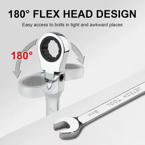Vista 5 de Jetech Llave de trinquete de cabezal flexible de 8 mm, acero Cr-V de grado industrial, 12 puntos, diseño desviado de la esquina, trinquete de 72