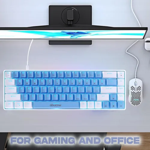 Vista 6 de abucow Teclado mecánico 60% para juegos, interruptor rojo, teclado compacto con cable con luz de fondo azul, teclas intercambiables azules
