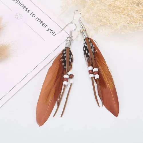 Vista 4 de Aretes colgantes de plumas nativas para mujer, aretes largos de pavo real bohemio con gancho, Pluma