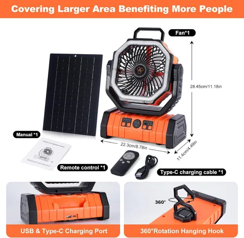 Vista 2 de Ventilador solar de campamento de 20000 mAh con panel solar de 10 W, banco de energía solar recargable para exteriores, linterna LED, ventilador