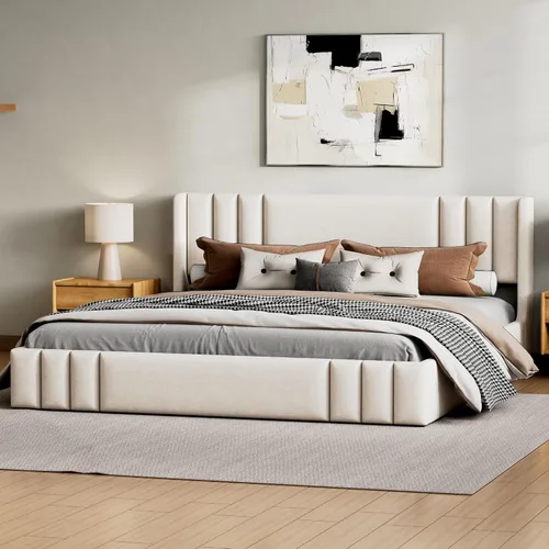 Vista 13 de Base de cama tapizada de terciopelo con cabecera capitoné de canal, cama de perfil bajo tamaño Queen con soporte de listones resistente, no necesita