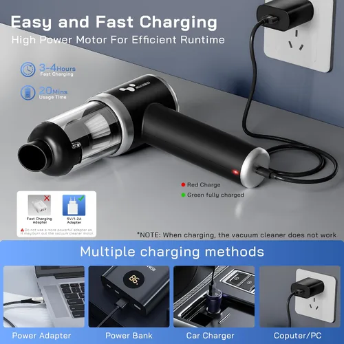 Vista 5 de helloleiboo Aspiradora de mano para automóvil, 16000 PA, aspiradora de coche portátil inalámbrica de 120 W, de alta potencia, 4 en 1, mini