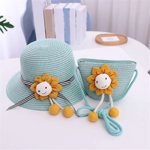 Vista 2 de Sombrero de paja de dibujos animados + sombrero sonriente para niños, bolsa de playa para niños, sombrero de paja para niños