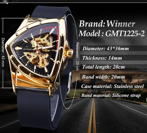 Vista 6 de FORSINING Reloj mecánico automático triangular Gold Shield, esfera de gran tamaño, diseño de esfera totalmente hueca, movimiento automático, correa
