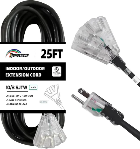 Vista 19 de Cable de extensión GFCI iluminado de 3 pies con 3 tomas de corriente, cable de extensión negro resistente SJTW 12/3 con enchufe a tierra de 3