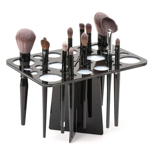 Vista 2 de Luckyiren Escurridor acrílico para cepillos, soporte plegable con 28 ranuras para pinceles de uñas, pintura y maquillaje, negro, unisex, ideal