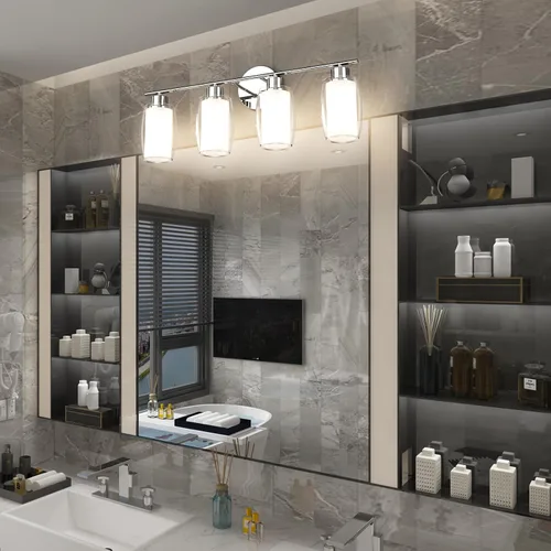 Vista 5 de Aipsun Lámpara de baño con 4 luces, luces cromadas arriba y abajo, modernas luces de bahthroom con vidrio transparente y vidrio esmerilado, luces