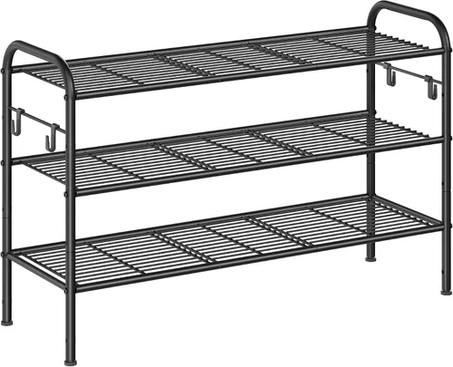 Vista 9 de SONGMICS Zapatero de 2 niveles, organizador de zapatos de metal con 4 ganchos laterales, capacidad para 10 pares de zapatos, zapatero de altura