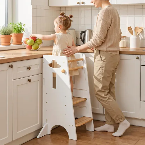 Vista 10 de COSYLAND - Taburete de pie para niños ajustables en altura - Taburete de cocina para niños súper estable con panel protector - Taburete de cocina