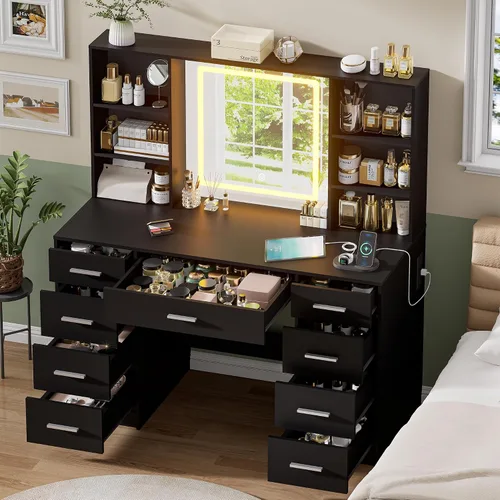 Vista 2 de Escritorio negro con espejo y luces, tocador de maquillaje con 9 cajones, 6 estantes y toma de corriente, espejo de pantalla táctil, tocador