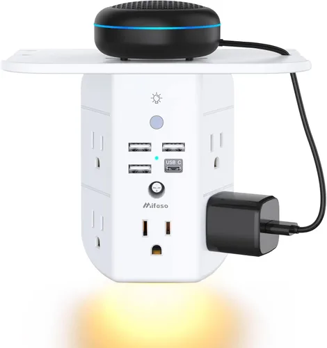 Vista 15 de Extensor de toma de pared con estante y luz nocturna, protector de sobretensiones, cargador de pared USB con 5 salidas de CA y 3 puertos USB A, 1