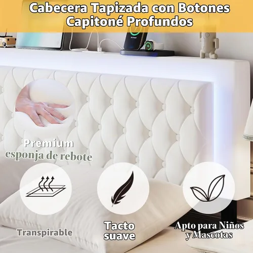 Vista 4 de Base de cama Queen con cabecera capitoné con botones, base de cama tapizada tamaño Queen con luces LED, estación de carga, almacenamiento
