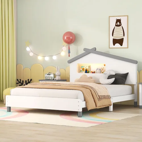 Vista 17 de Quarte Cama de suelo de madera de tamaño individual con cabecera en forma de casa, marco de cama de plataforma de madera para dormitorio,