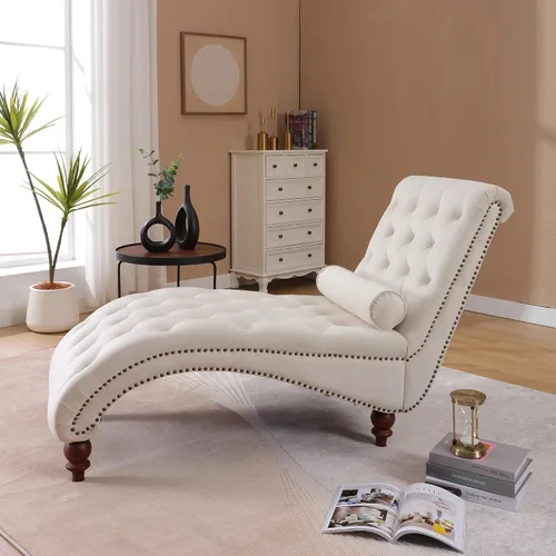 Vista 8 de Tumbona con botones para interiores, tumbona de terciopelo con patas y almohada, respaldo enrollado sin brazos, sofá reclinable para sala de estar
