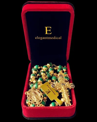Vista 2 de elegantmedical Hecho a mano, chapado en oro de 18 quilates, sin duda, rosario de malaquita, collar de cuentas de oración, regalo católico y caja