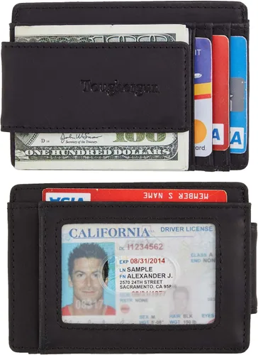 Vista 2 de Cartera minimalista Toughergun para hombres con clip de dinero magnético, cartera de cuero, tarjetero de crédito con bloqueo RFID Negro
