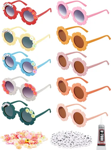 Vista 7 de Dunzy 10 pares de lentes de sol redondos de flores para niños, gafas de bricolaje para exteriores, con 50 margaritas, 100 cuentas de letras al azar
