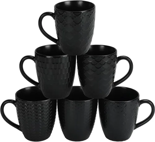 Vista 12 de Schliersee Juego de 6 tazas de café de cerámica apilables de 12 oz, taza pequeña con patrón geométrico floral, taza de café de porcelana azul