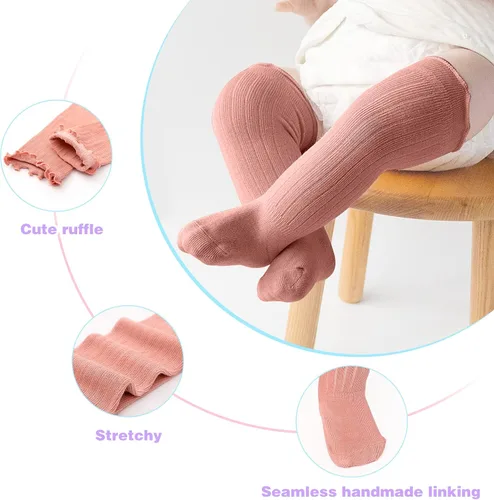 Vista 3 de Aaronano Calcetines hasta la rodilla para bebé niña, calcetines antideslizantes para niños pequeños, tubo con volantes, uniforme para recién